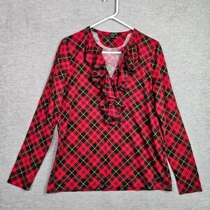 Lauren Ralph Lauren Women's L Plaid Ruffle Jersey Knit Red Black Cotton Top